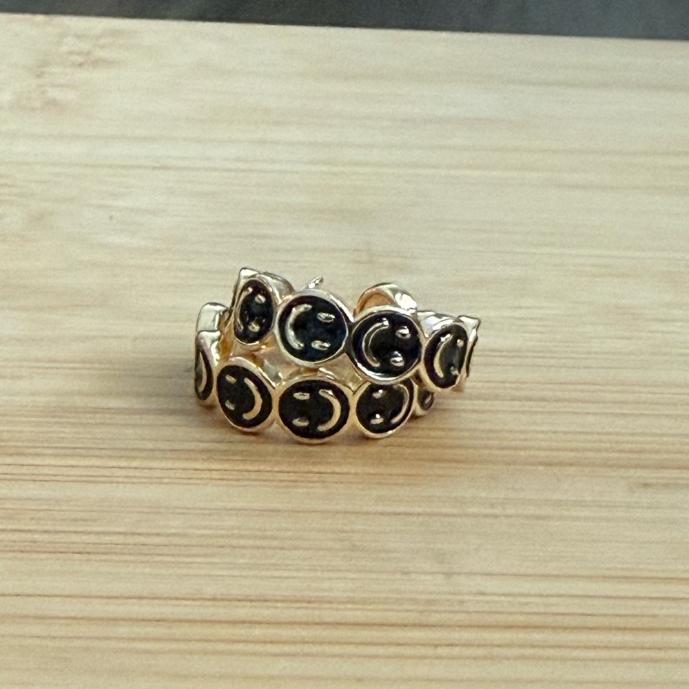 Gold-Tone Black Enamel Smiley Face Hoop Earrings